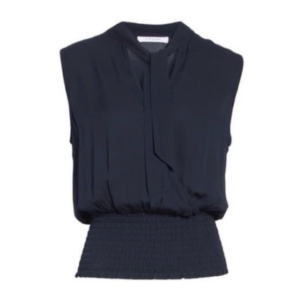 Frame Size Small Tie Neck Smock Hem Top Dark Navy Sleeveless V-Neck